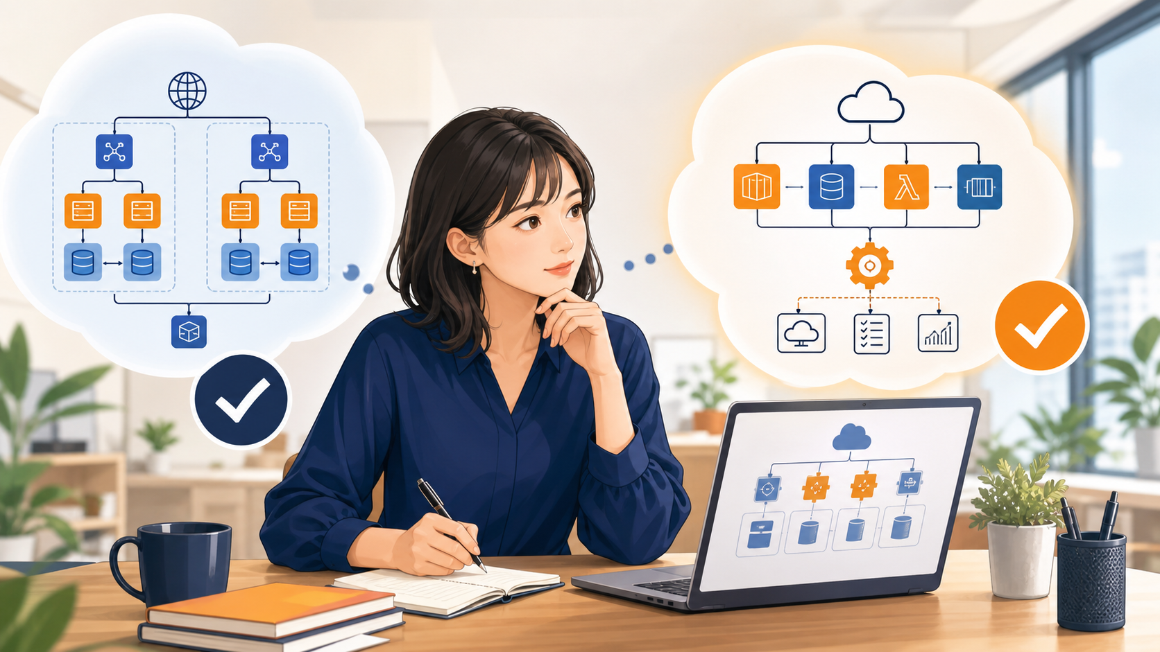 可用性と運用負荷を比較しながらAWS SAAを学習する女性クラウドエンジニアのイラスト