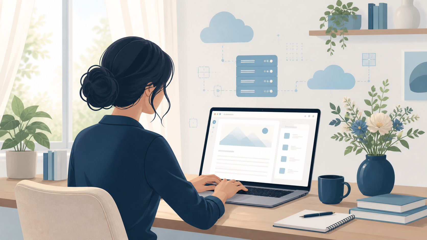 自宅でWordPressブログを書く女性インフラエンジニアのイラスト