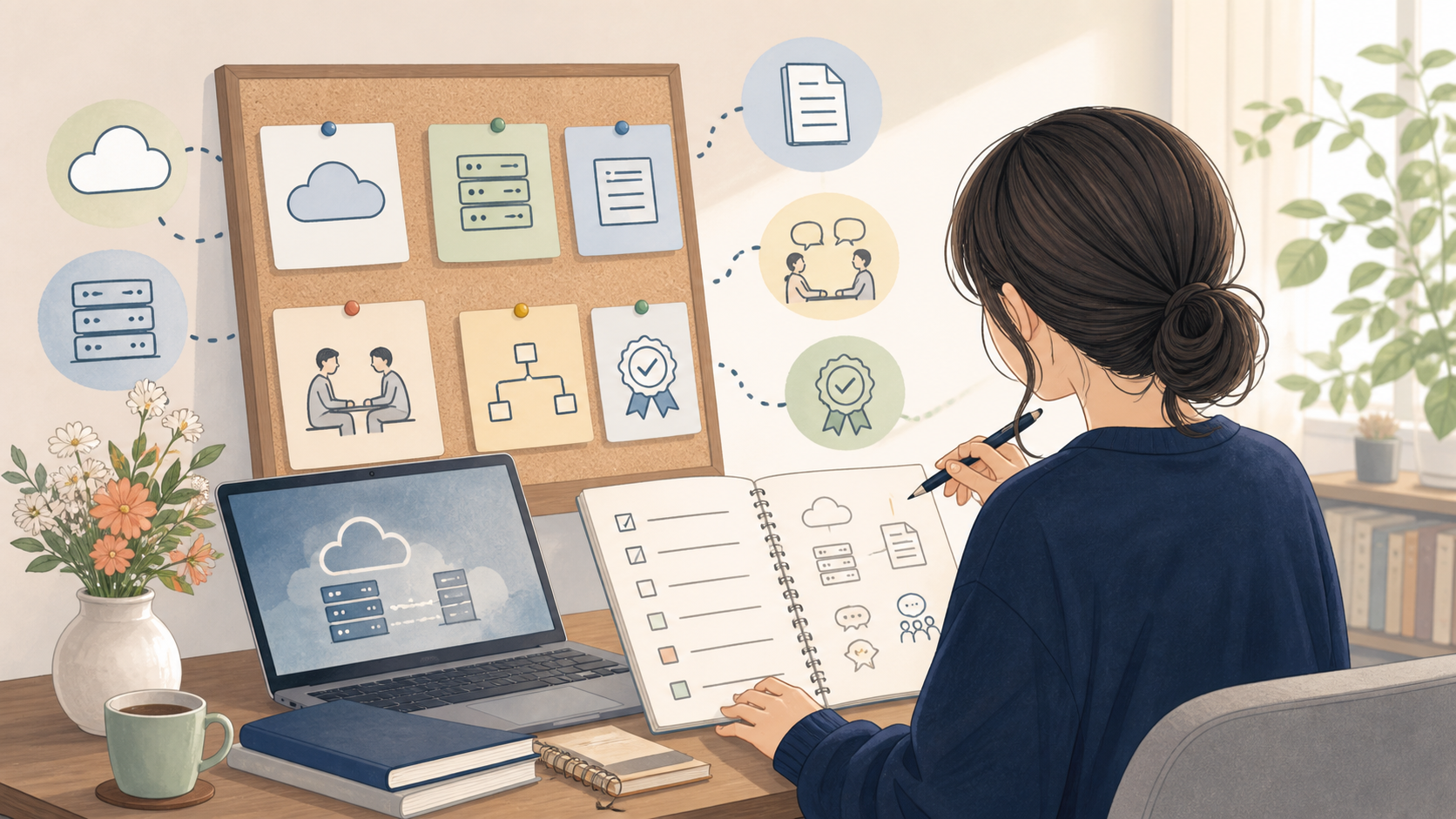 技術ブログの記事ネタを考える女性インフラエンジニアのイラスト