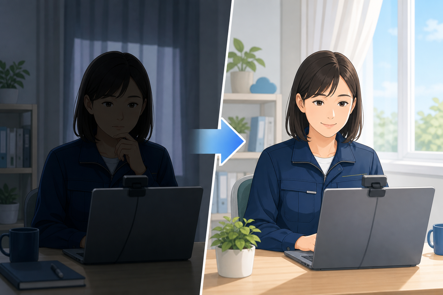 オンライン面接前にパソコンの映り方と照明を確認する女性エンジニア
