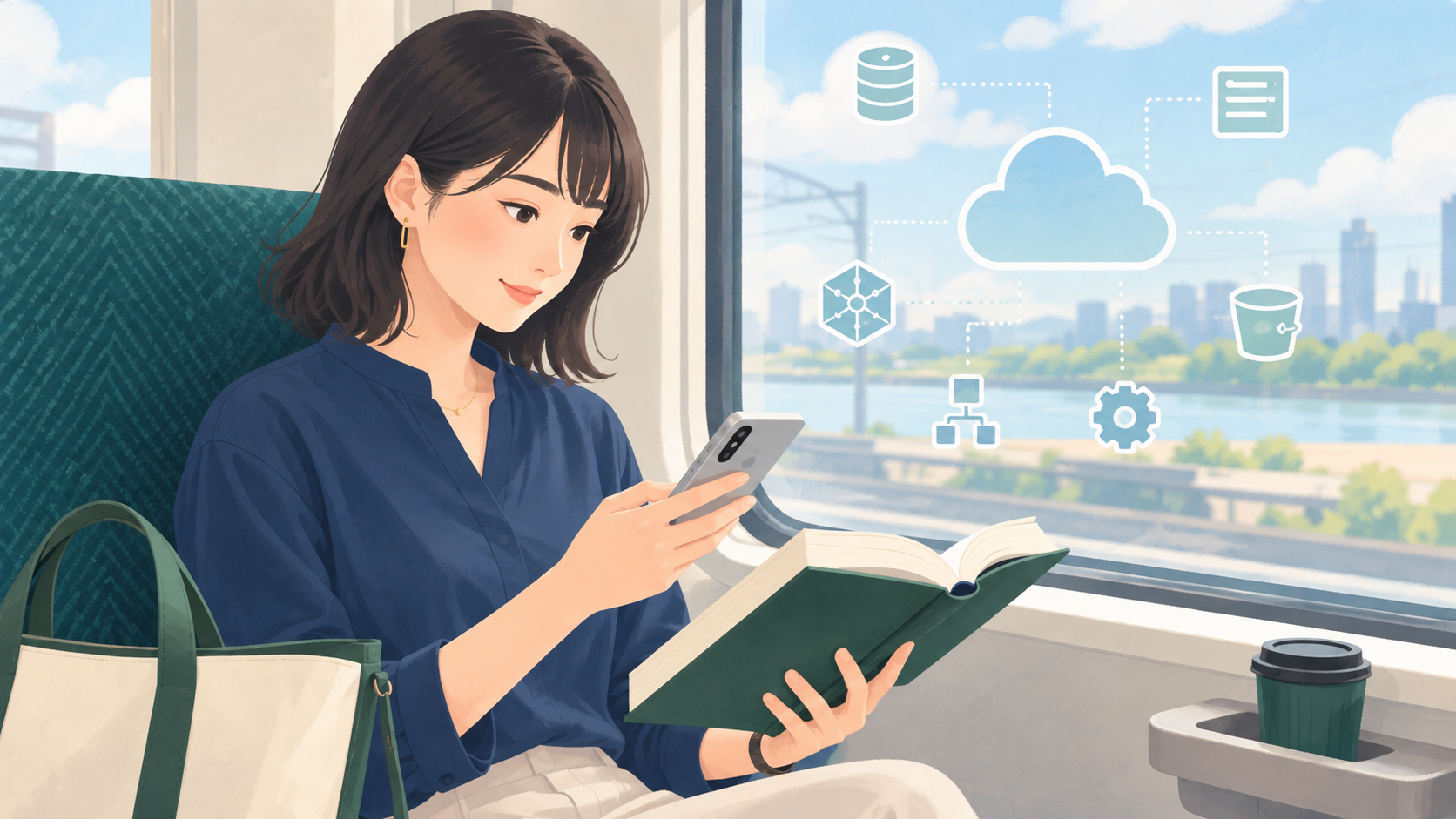 電車で参考書とスマートフォンを使ってAWS SAAを学ぶ女性エンジニアのイラスト