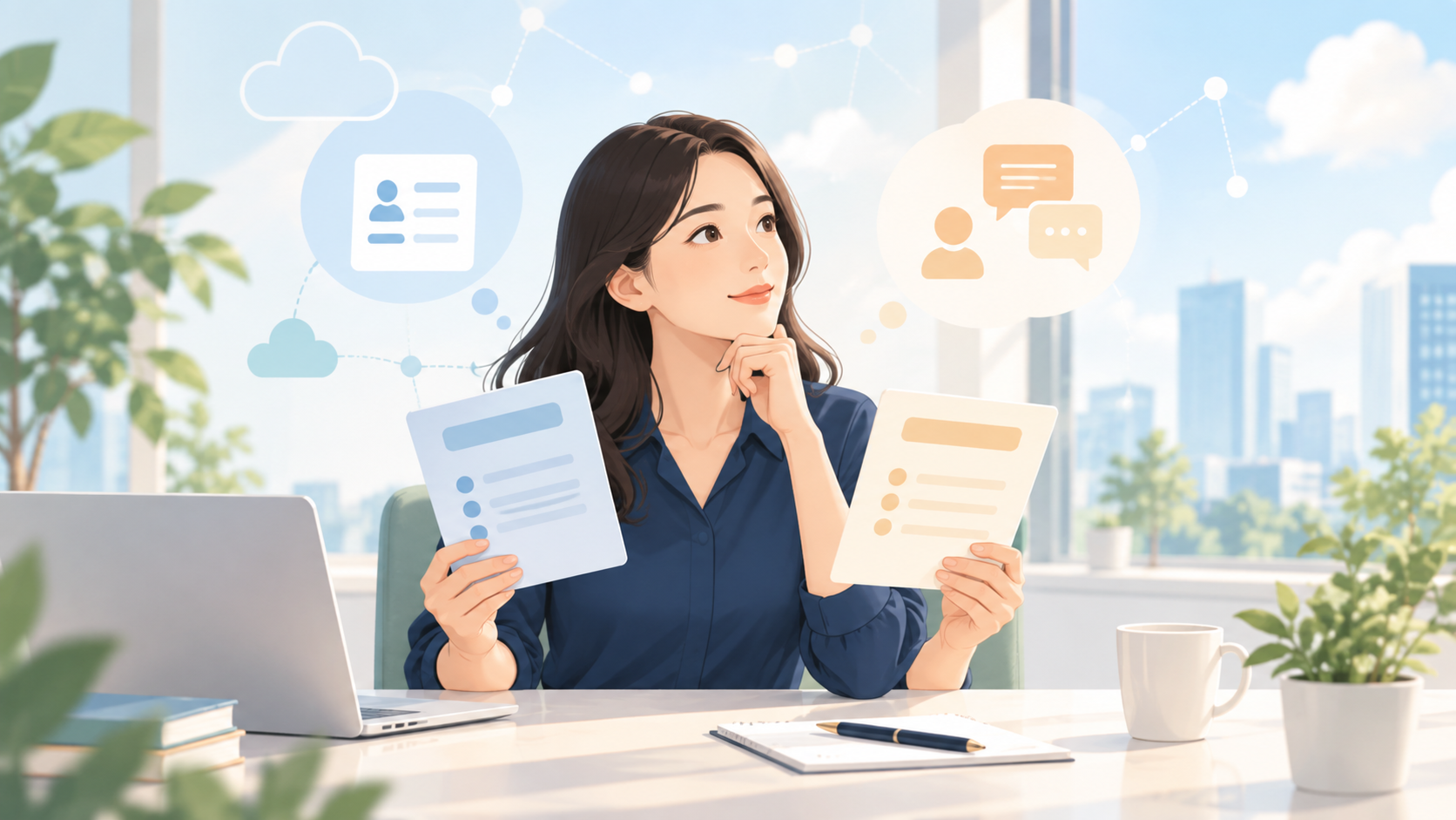 2社の転職エージェントを比較する女性インフラエンジニアのイラスト