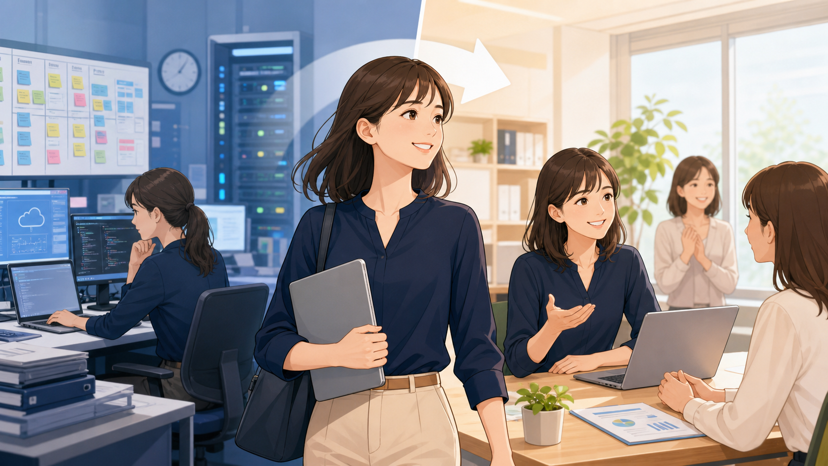 SIerから社内SEへ転職し、社内の利用者と働く女性インフラエンジニアのイラスト