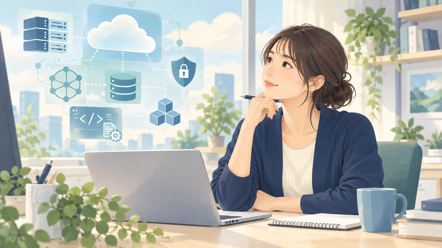 クラウドやネットワークの学習を考える女性インフラエンジニアのイラスト