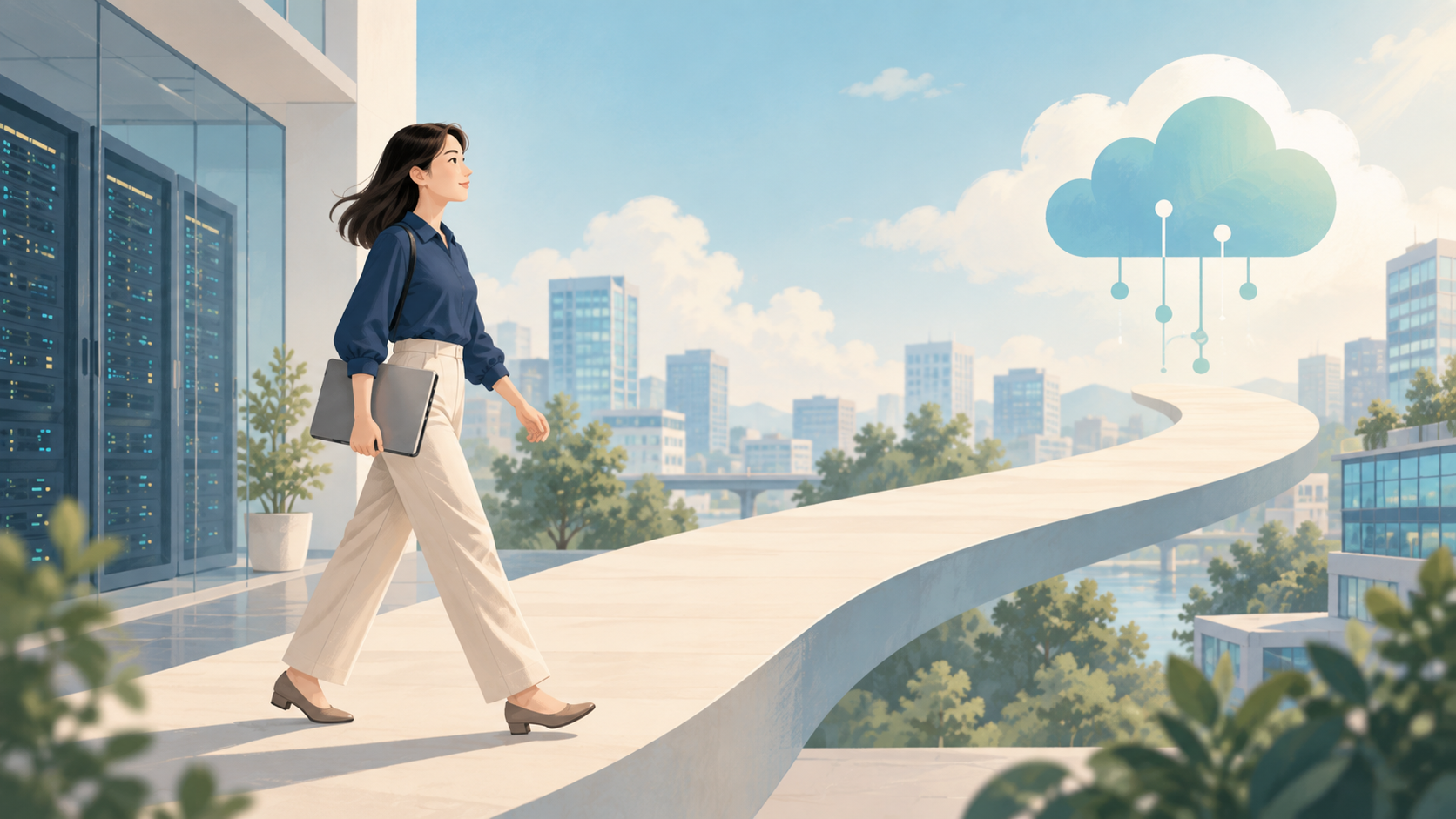 インフラからクラウドへのキャリアの道を歩く女性エンジニアのイラスト